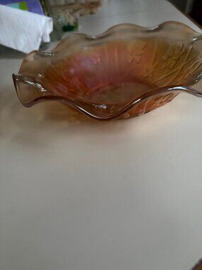 Vintage Carnival Glass Marigold Bowl Ruffled Flowers & Stems 9"x2.5"